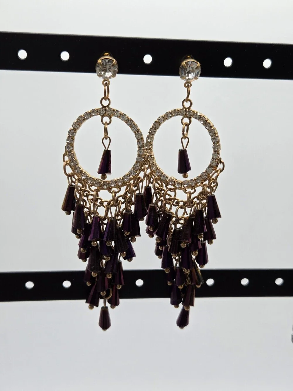 Lot of 3 Pairs Fashion Dangle Hoop Earrings Gold Silver Rhinestone Fringe Boho - Picture 2 of 8
